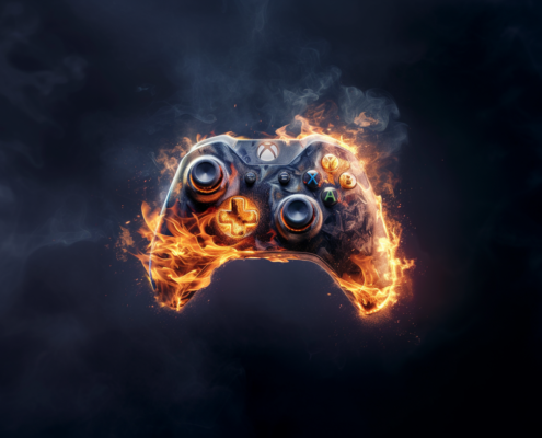 AI genereret billede af brændende Xbox controller. Skabt med Midjourney